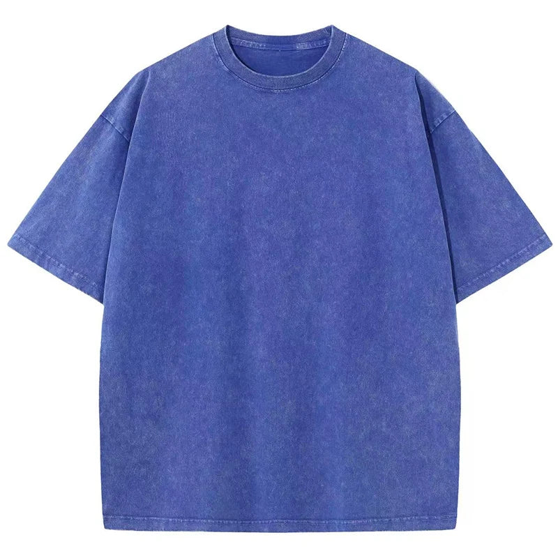 Blue American Style Retro Solid Colour Oversized T-Shirts