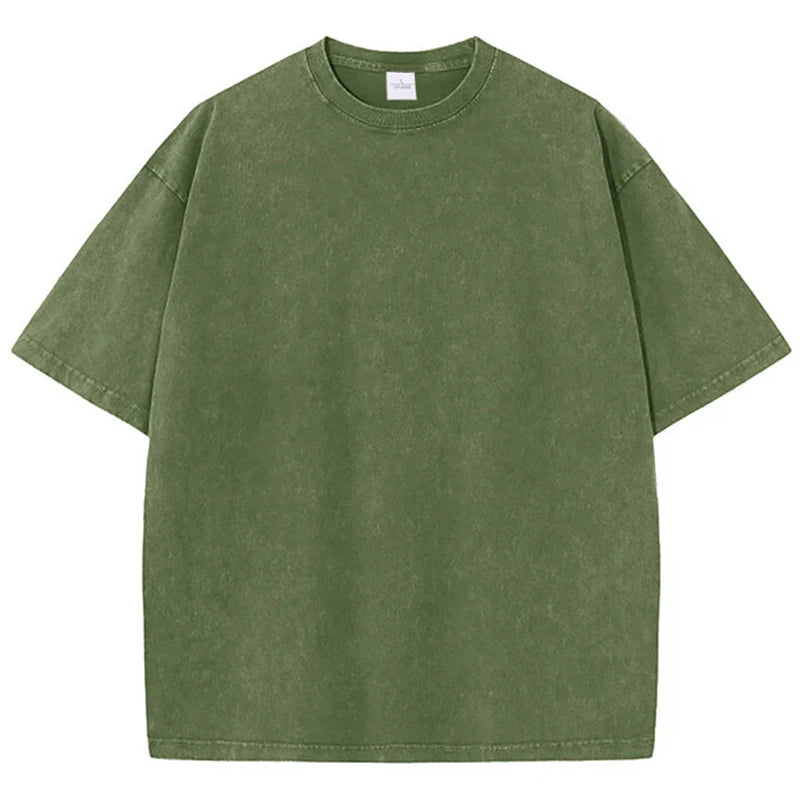 Dark Green American Style Retro Solid Colour Oversized T-Shirts